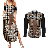 Wahaika New Zealand Couples Matching Summer Maxi Dress and Long Sleeve Button Shirt Maori Weapon Kowhaiwhai Fern Poutama Motifs