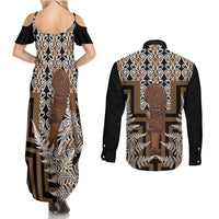 Wahaika New Zealand Couples Matching Summer Maxi Dress and Long Sleeve Button Shirt Maori Weapon Kowhaiwhai Fern Poutama Motifs