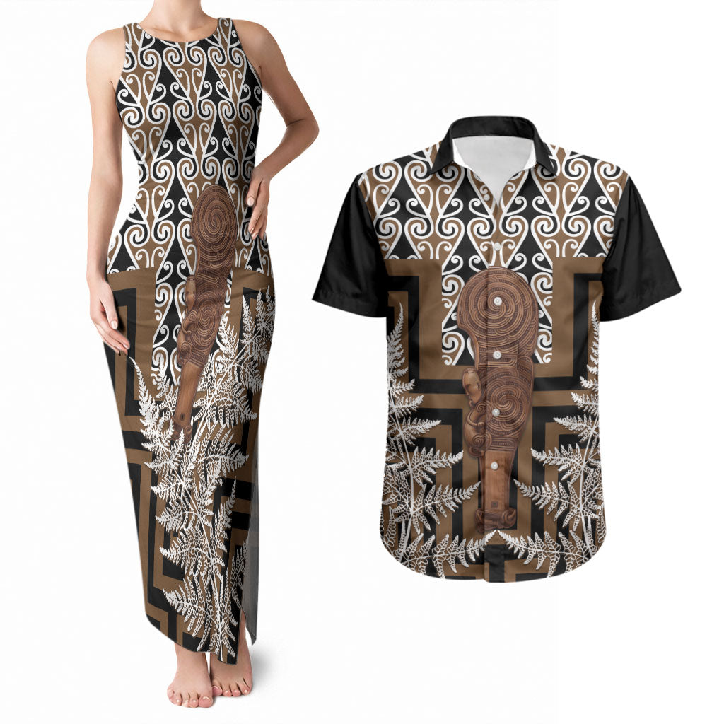 Wahaika New Zealand Couples Matching Tank Maxi Dress and Hawaiian Shirt Maori Weapon Kowhaiwhai Fern Poutama Motifs LT14 Brown - Polynesian Pride