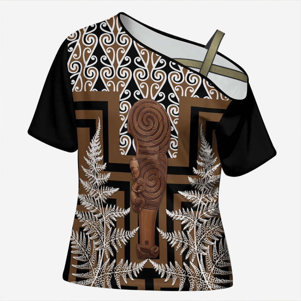 Wahaika New Zealand Cross Shoulder Shirt Maori Weapon Kowhaiwhai Fern Poutama Motifs