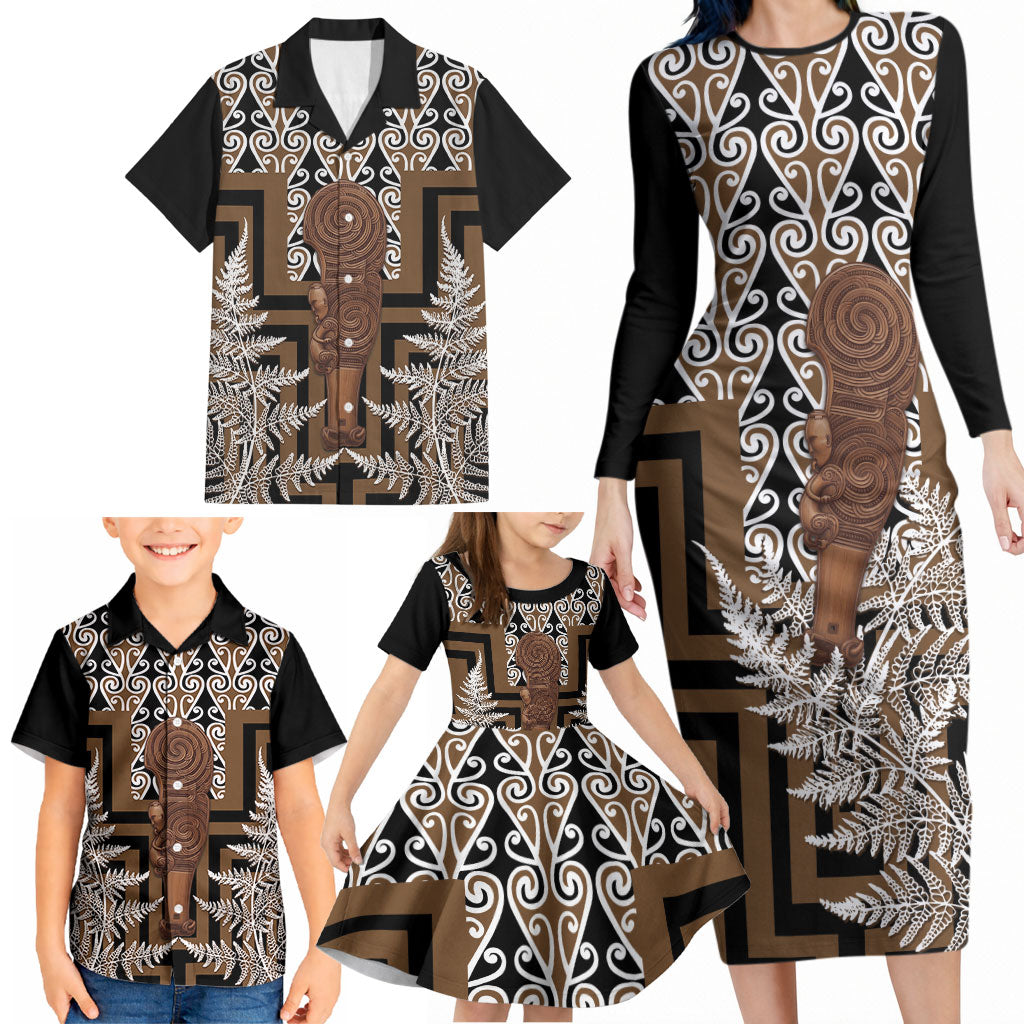 Wahaika New Zealand Family Matching Long Sleeve Bodycon Dress and Hawaiian Shirt Maori Weapon Kowhaiwhai Fern Poutama Motifs LT14 - Polynesian Pride
