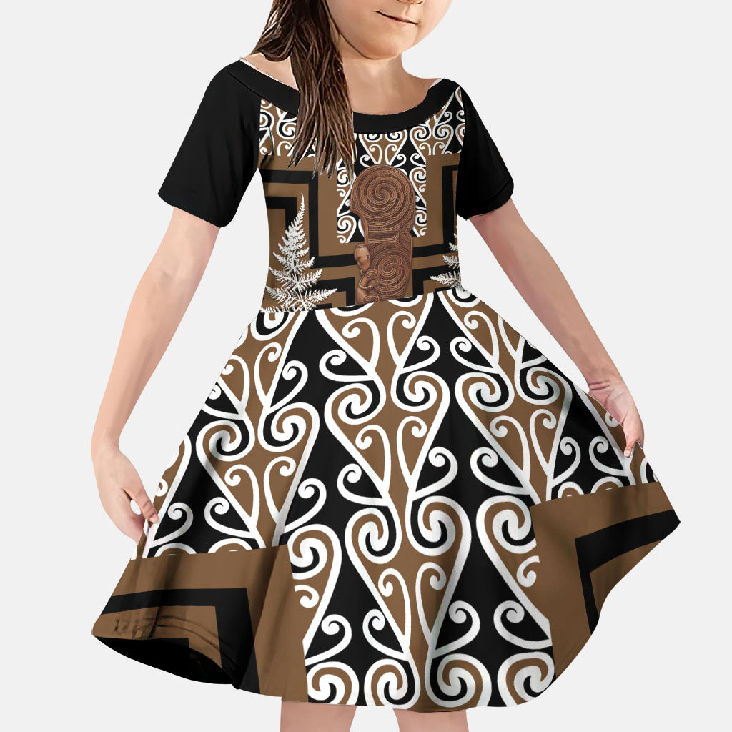 Wahaika New Zealand Family Matching Off The Shoulder Long Sleeve Dress and Hawaiian Shirt Maori Weapon Kowhaiwhai Fern Poutama Motifs