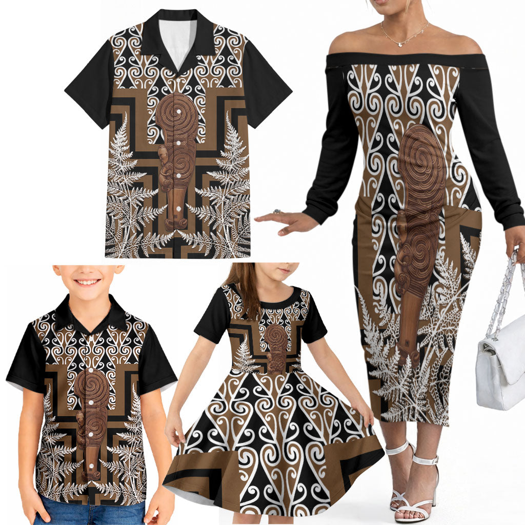 Wahaika New Zealand Family Matching Off The Shoulder Long Sleeve Dress and Hawaiian Shirt Maori Weapon Kowhaiwhai Fern Poutama Motifs LT14 - Polynesian Pride
