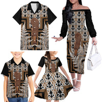 Wahaika New Zealand Family Matching Off The Shoulder Long Sleeve Dress and Hawaiian Shirt Maori Weapon Kowhaiwhai Fern Poutama Motifs