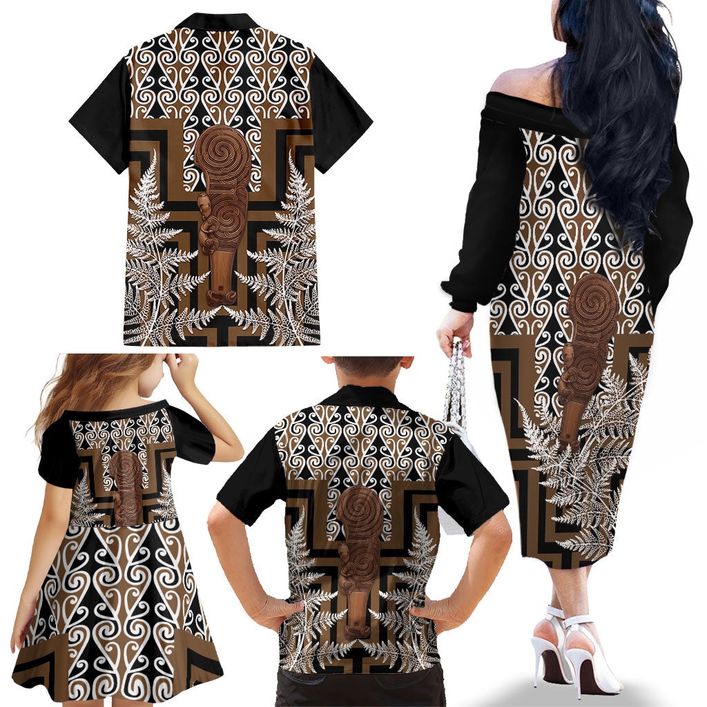 Wahaika New Zealand Family Matching Off The Shoulder Long Sleeve Dress and Hawaiian Shirt Maori Weapon Kowhaiwhai Fern Poutama Motifs