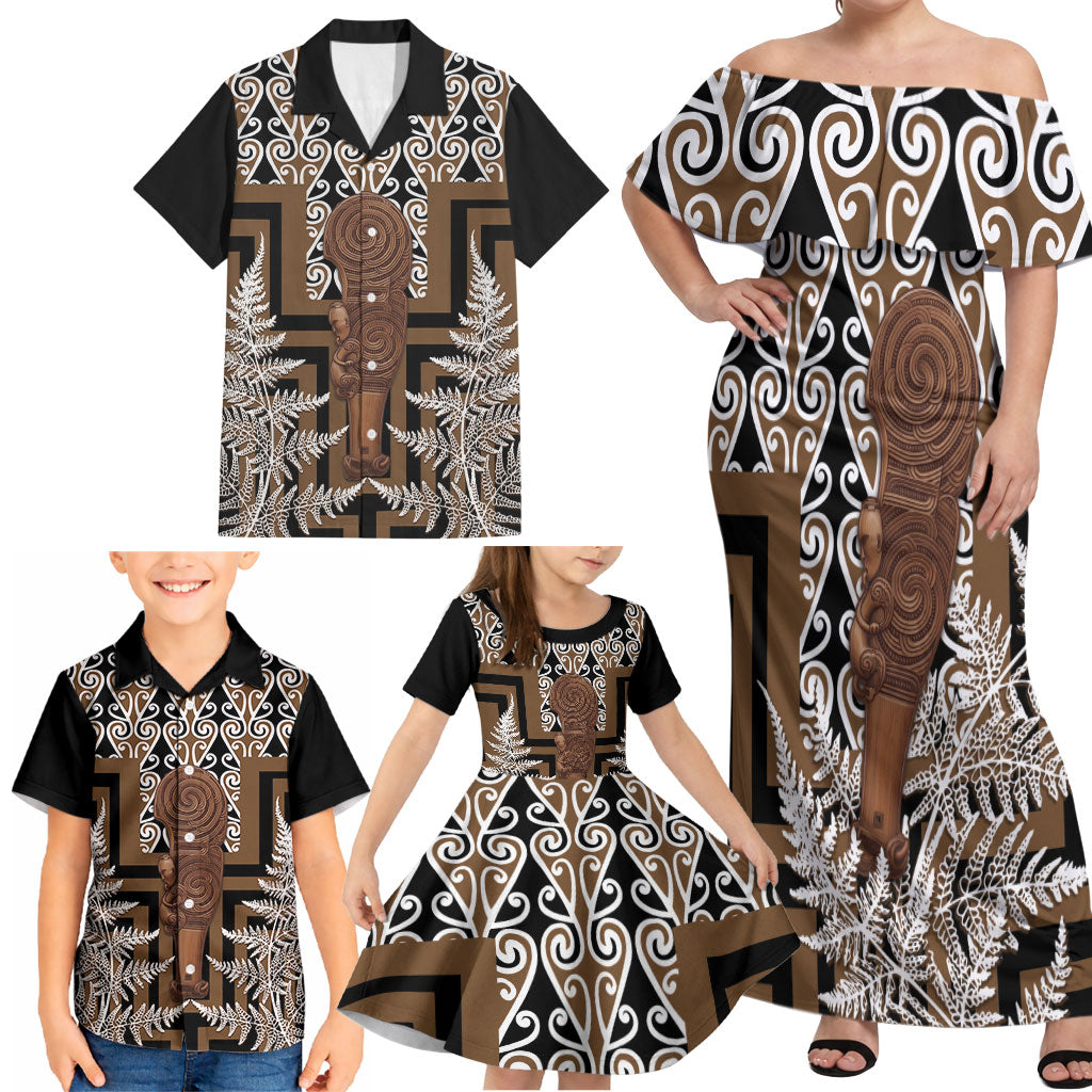Wahaika New Zealand Family Matching Off Shoulder Maxi Dress and Hawaiian Shirt Maori Weapon Kowhaiwhai Fern Poutama Motifs LT14 - Polynesian Pride