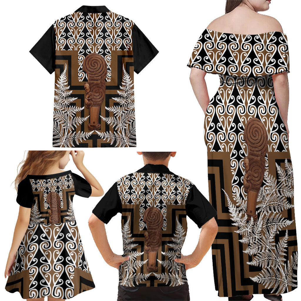 Wahaika New Zealand Family Matching Off Shoulder Maxi Dress and Hawaiian Shirt Maori Weapon Kowhaiwhai Fern Poutama Motifs
