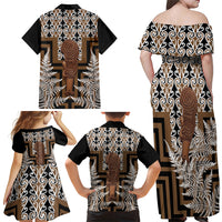 Wahaika New Zealand Family Matching Off Shoulder Maxi Dress and Hawaiian Shirt Maori Weapon Kowhaiwhai Fern Poutama Motifs