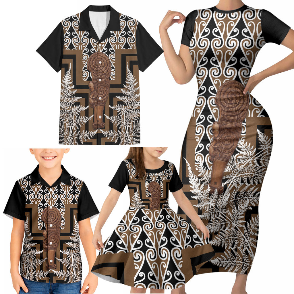 Wahaika New Zealand Family Matching Short Sleeve Bodycon Dress and Hawaiian Shirt Maori Weapon Kowhaiwhai Fern Poutama Motifs LT14 - Polynesian Pride