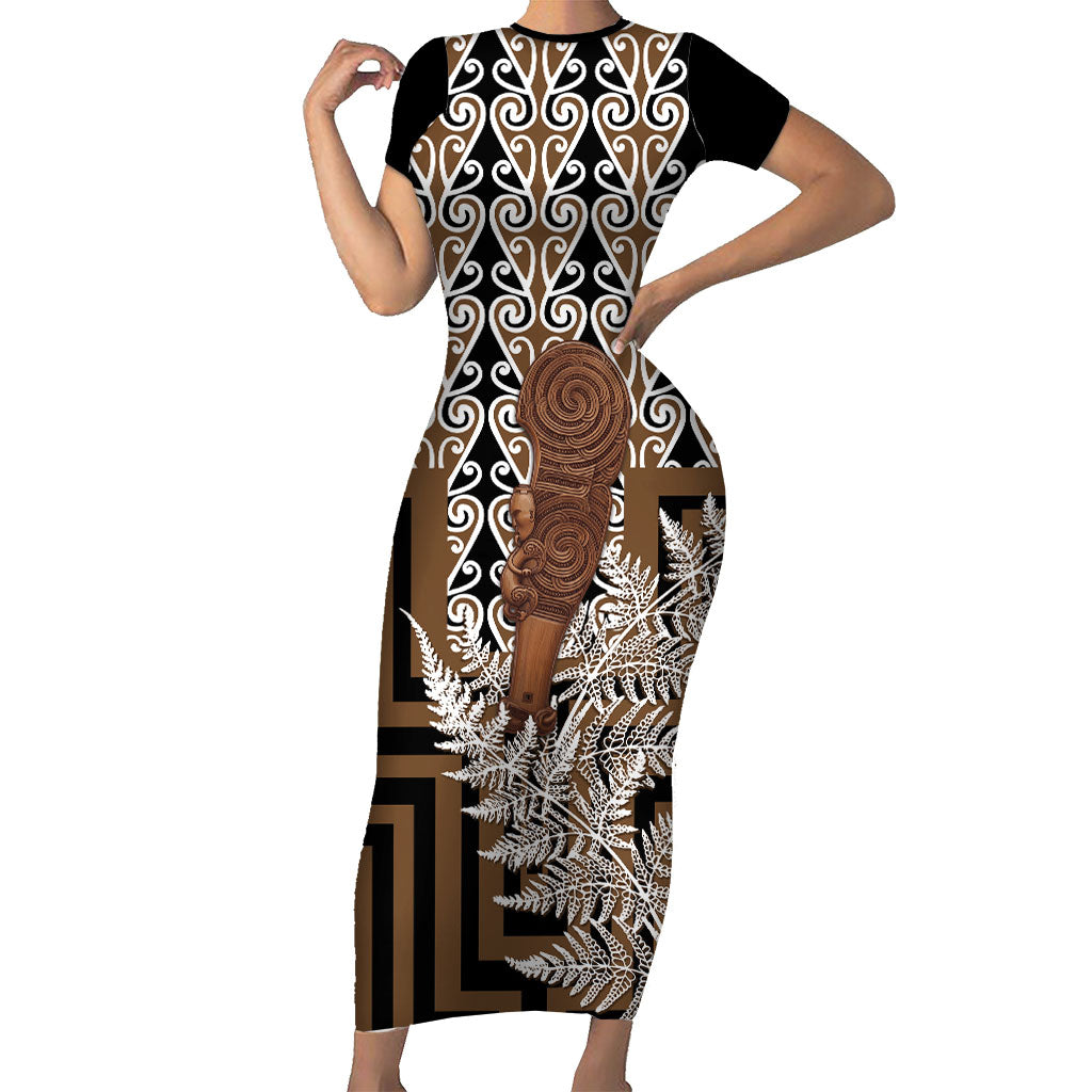 Wahaika New Zealand Family Matching Short Sleeve Bodycon Dress and Hawaiian Shirt Maori Weapon Kowhaiwhai Fern Poutama Motifs