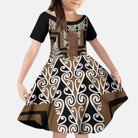 Wahaika New Zealand Kid Short Sleeve Dress Maori Weapon Kowhaiwhai Fern Poutama Motifs