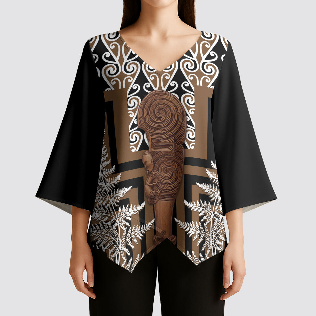 Wahaika New Zealand Kimono Sleeve Blouse Maori Weapon Kowhaiwhai Fern Poutama Motifs