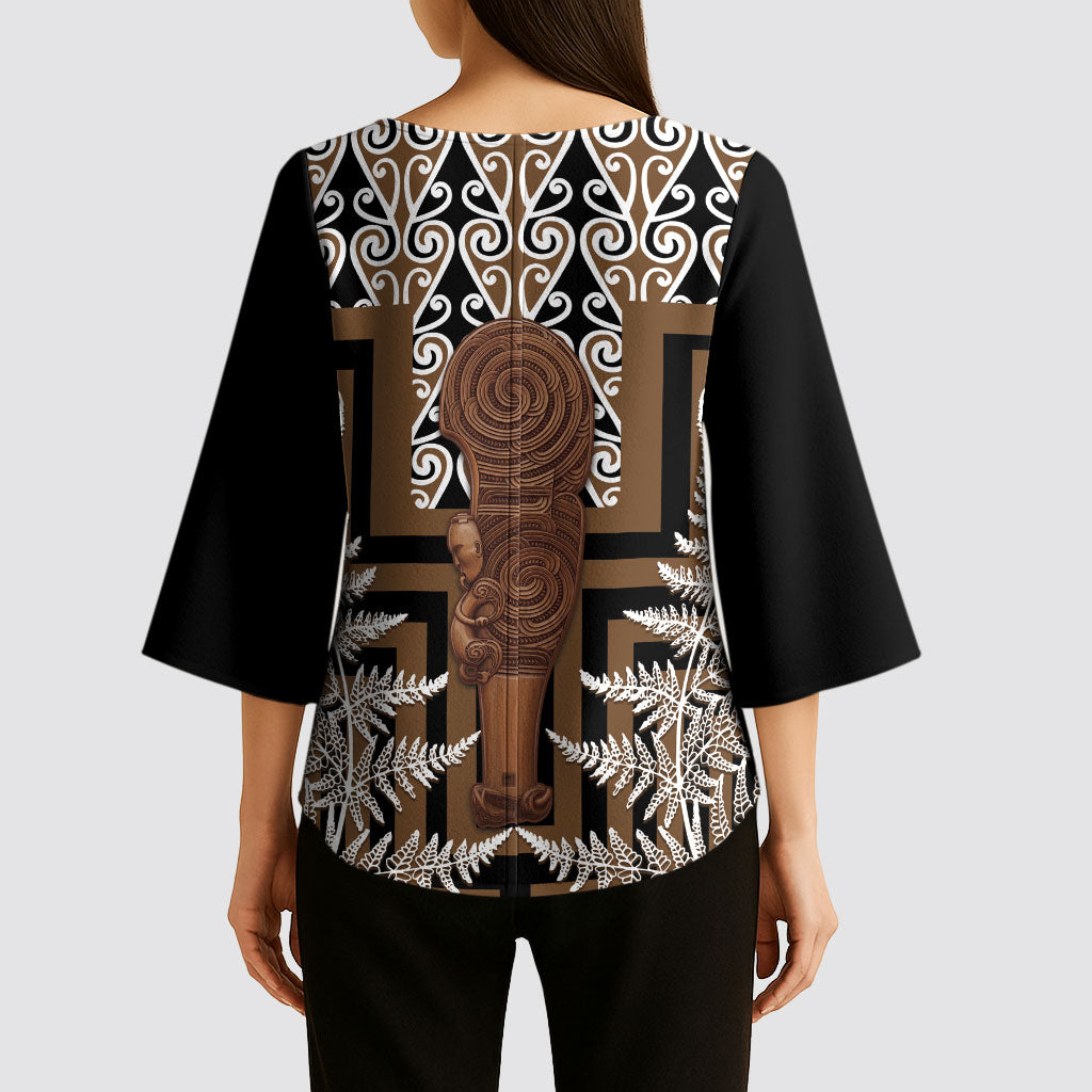 Wahaika New Zealand Kimono Sleeve Blouse Maori Weapon Kowhaiwhai Fern Poutama Motifs
