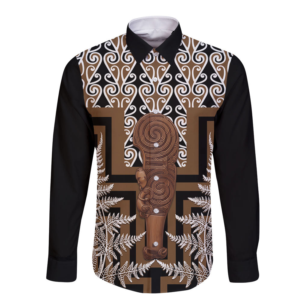 Wahaika New Zealand Long Sleeve Button Shirt Maori Weapon Kowhaiwhai Fern Poutama Motifs LT14 Unisex Brown - Polynesian Pride