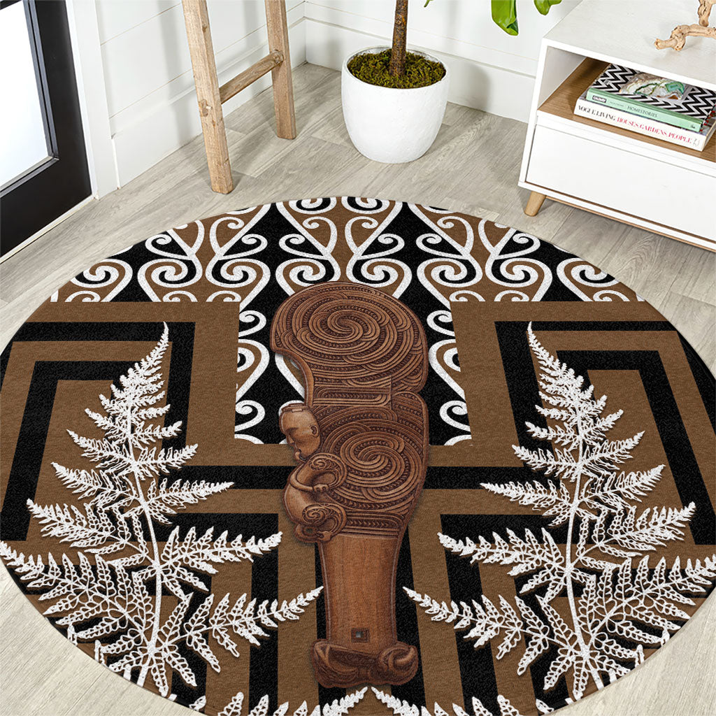 Wahaika New Zealand Round Carpet Maori Weapon Kowhaiwhai Fern Poutama Motifs LT14 Brown - Polynesian Pride