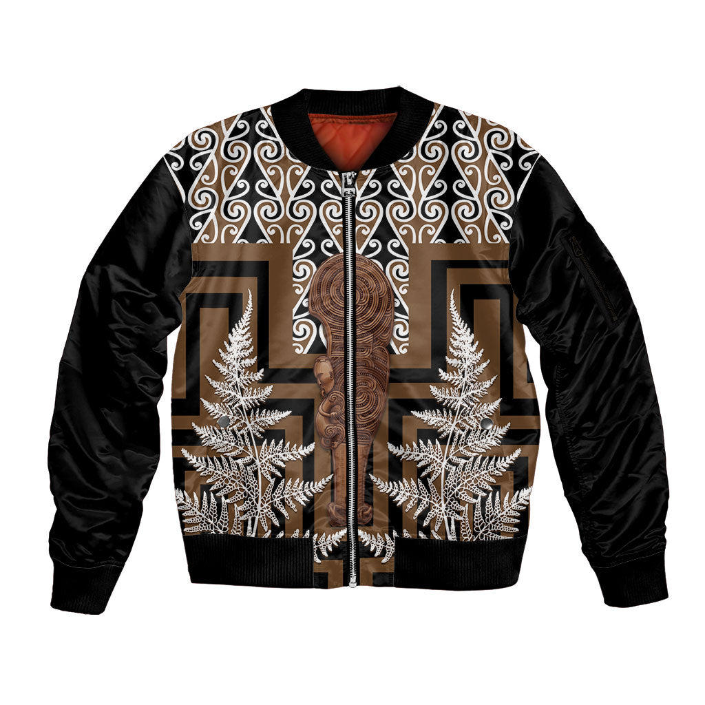 Wahaika New Zealand Sleeve Zip Bomber Jacket Maori Weapon Kowhaiwhai Fern Poutama Motifs