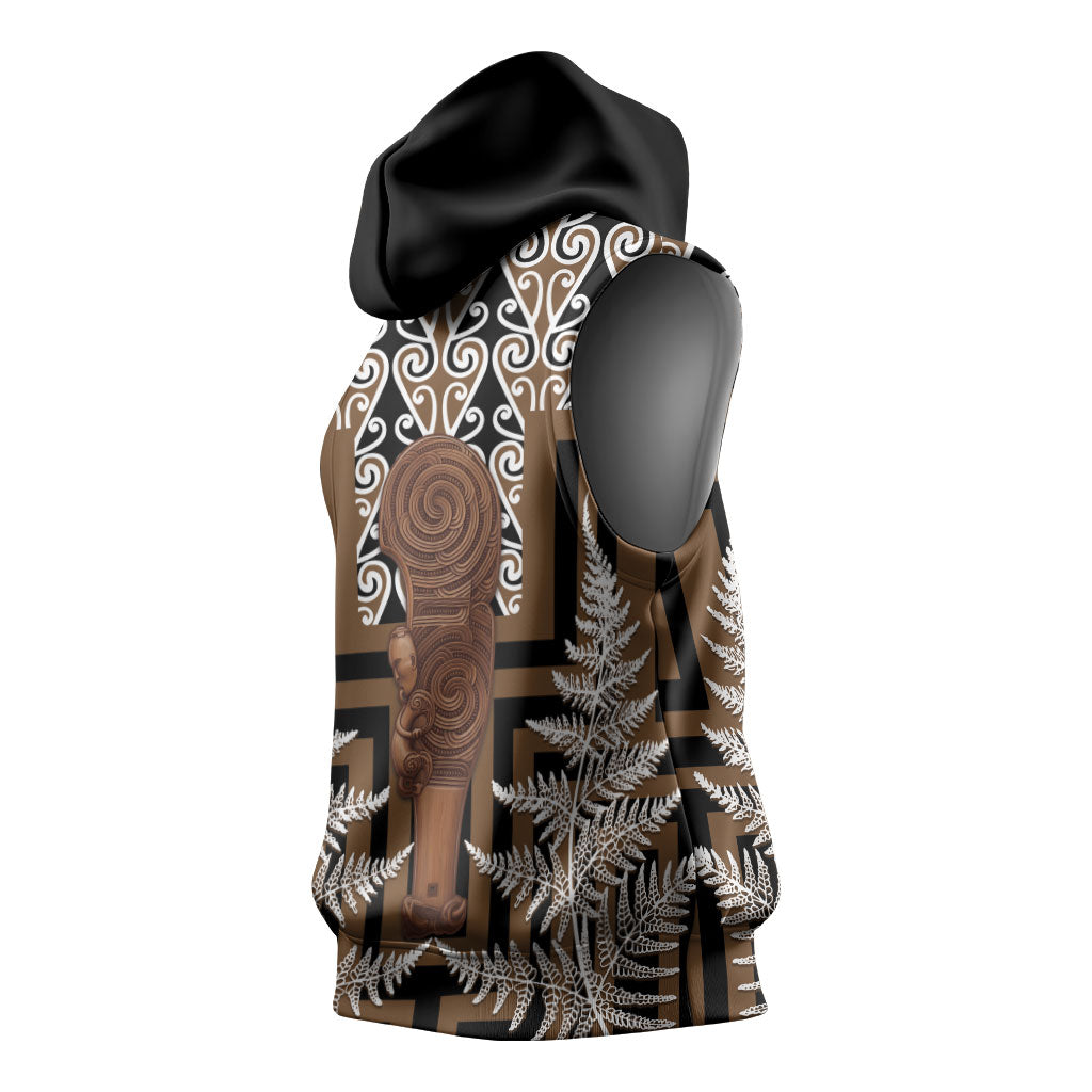 Wahaika New Zealand Sleeveless Hoodie Maori Weapon Kowhaiwhai Fern Poutama Motifs