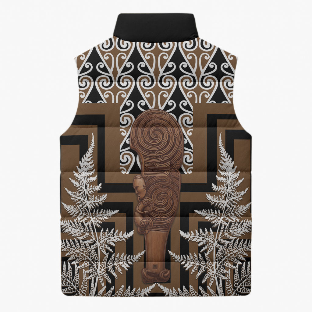 Wahaika New Zealand Sleeveless Puffer Jacket Maori Weapon Kowhaiwhai Fern Poutama Motifs