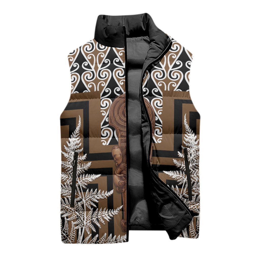 Wahaika New Zealand Sleeveless Puffer Jacket Maori Weapon Kowhaiwhai Fern Poutama Motifs