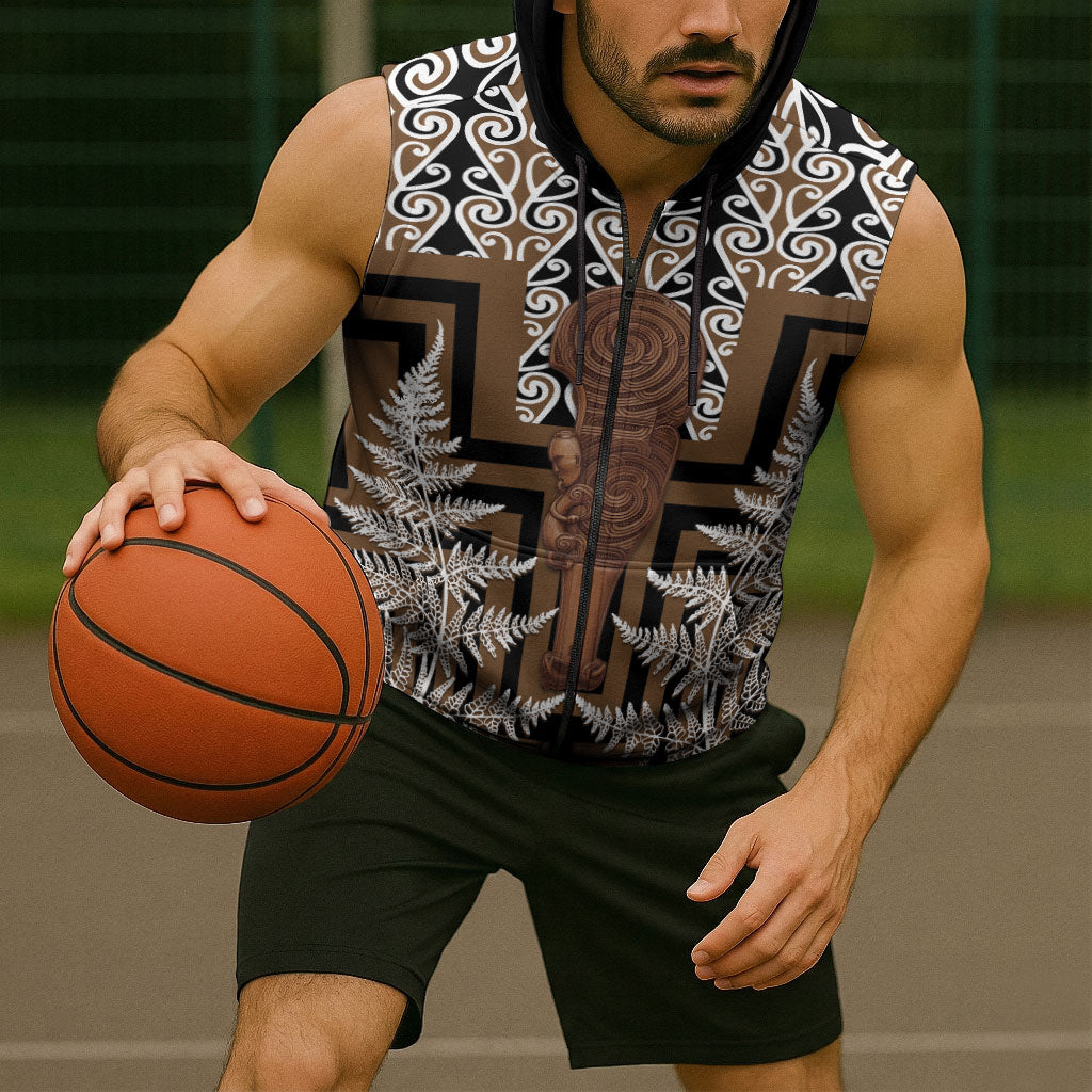 Wahaika New Zealand Sleeveless Zip Hoodie Maori Weapon Kowhaiwhai Fern Poutama Motifs