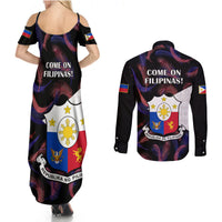 Philippines Football Couples Matching Summer Maxi Dress and Long Sleeve Button Shirts 2023 World Cup Go Filipinas Feather Black Version LT14 - Polynesian Pride