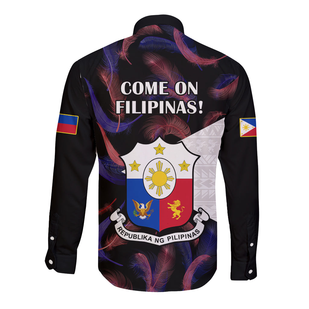 Philippines Football Long Sleeve Button Shirt 2023 World Cup Go Filipinas Feather Black Version LT14 - Polynesian Pride