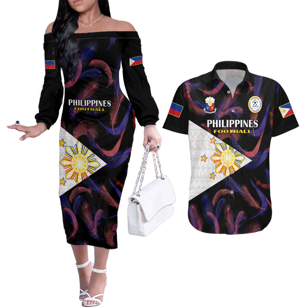 Custom Philippines Football Couples Matching Off The Shoulder Long Sleeve Dress and Hawaiian Shirt 2023 World Cup Go Filipinas Feather Black Version LT14 Black - Polynesian Pride
