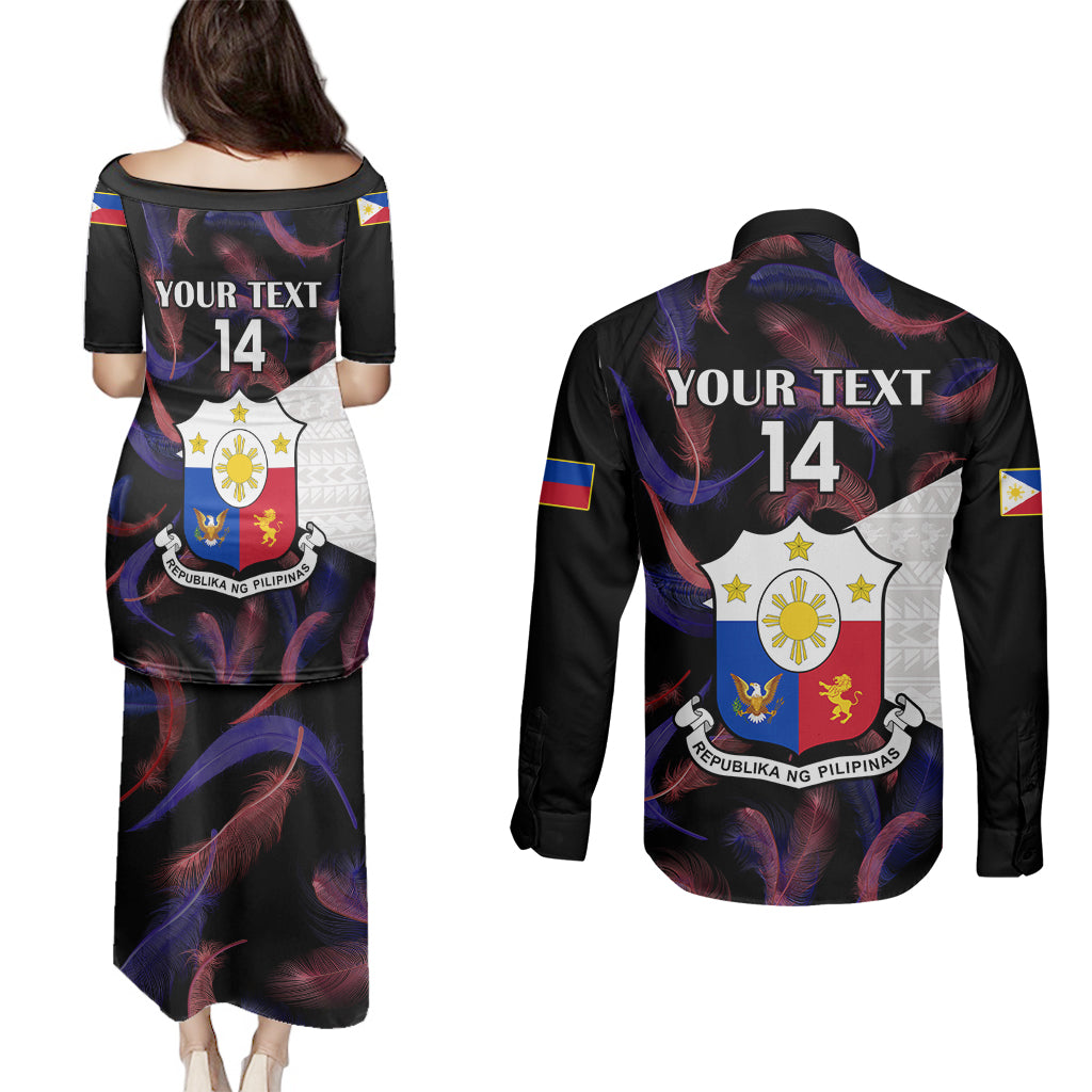 Custom Philippines Football Couples Matching Puletasi Dress and Long Sleeve Button Shirts 2023 World Cup Go Filipinas Feather Black Version LT14 - Polynesian Pride