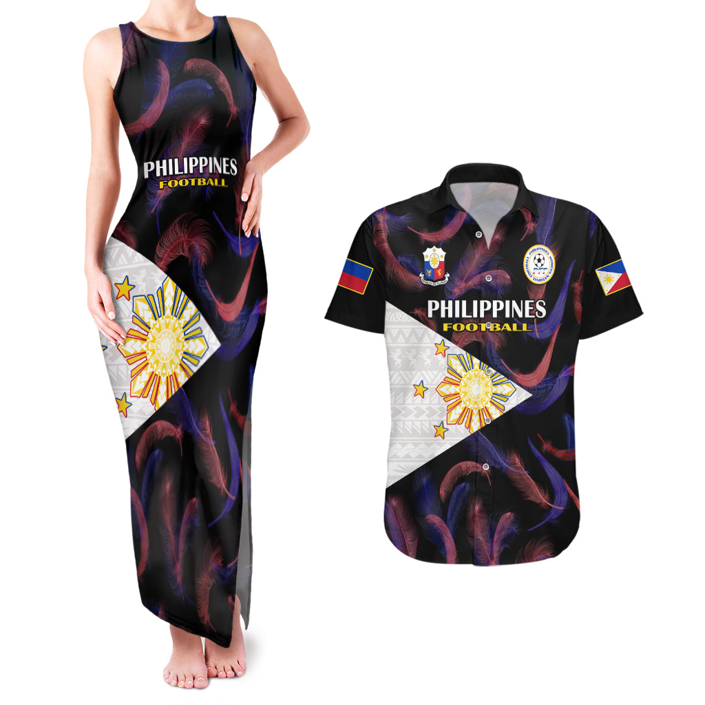 Custom Philippines Football Couples Matching Tank Maxi Dress And Hawaiian Shirt 2023 World Cup Go Filipinas Feather Black Version LT14 Black - Polynesian Pride