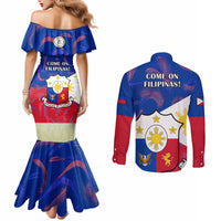 Philippines Football Couples Matching Mermaid Dress and Long Sleeve Button Shirts 2023 World Cup Go Filipinas Feather Flag Version LT14 - Polynesian Pride