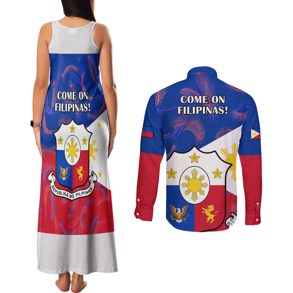 Philippines Football Couples Matching Tank Maxi Dress and Long Sleeve Button Shirts 2023 World Cup Go Filipinas Feather Flag Version LT14 - Polynesian Pride