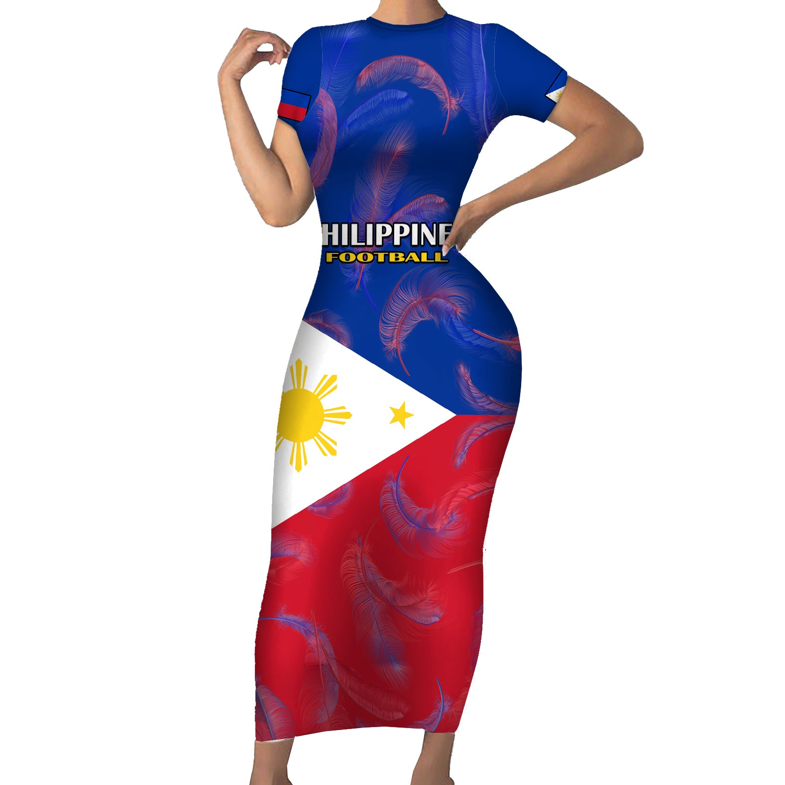 Philippines Football Short Sleeve Bodycon Dress 2023 World Cup Go Filipinas Feather Flag Version LT14 Long Dress Blue - Polynesian Pride