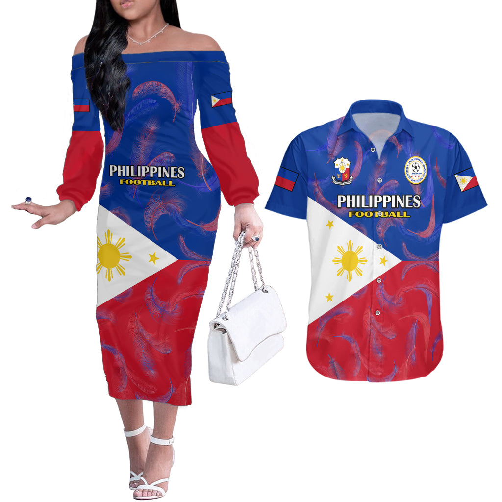 Custom Philippines Football Couples Matching Off The Shoulder Long Sleeve Dress and Hawaiian Shirt 2023 World Cup Go Filipinas Feather Flag Version LT14 Blue - Polynesian Pride