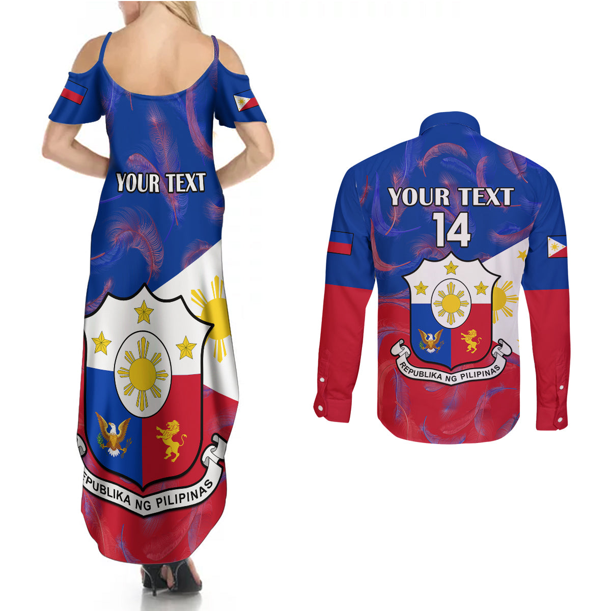 Custom Philippines Football Couples Matching Summer Maxi Dress and Long Sleeve Button Shirts 2023 World Cup Go Filipinas Feather Flag Version LT14 - Polynesian Pride