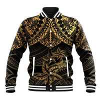 Black and Gold Polynesia Baseball Jacket Plumeria Tattoo With Polynesian Pattern