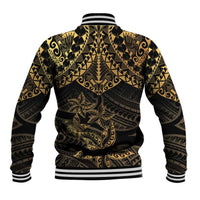 Black and Gold Polynesia Baseball Jacket Plumeria Tattoo With Polynesian Pattern