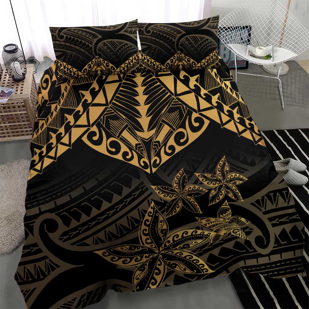 Black and Gold Polynesia Bedding Set Plumeria Tattoo With Polynesian Pattern