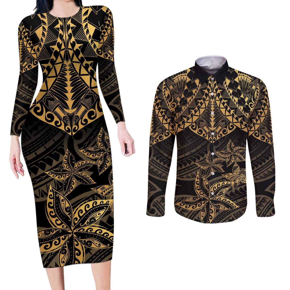 Black and Gold Polynesia Couples Matching Long Sleeve Bodycon Dress and Long Sleeve Button Shirt Plumeria Tattoo With Polynesian Pattern