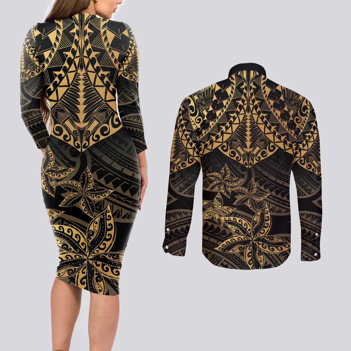 Black and Gold Polynesia Couples Matching Long Sleeve Bodycon Dress and Long Sleeve Button Shirt Plumeria Tattoo With Polynesian Pattern