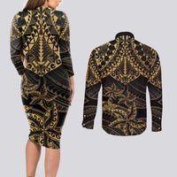 Black and Gold Polynesia Couples Matching Long Sleeve Bodycon Dress and Long Sleeve Button Shirt Plumeria Tattoo With Polynesian Pattern