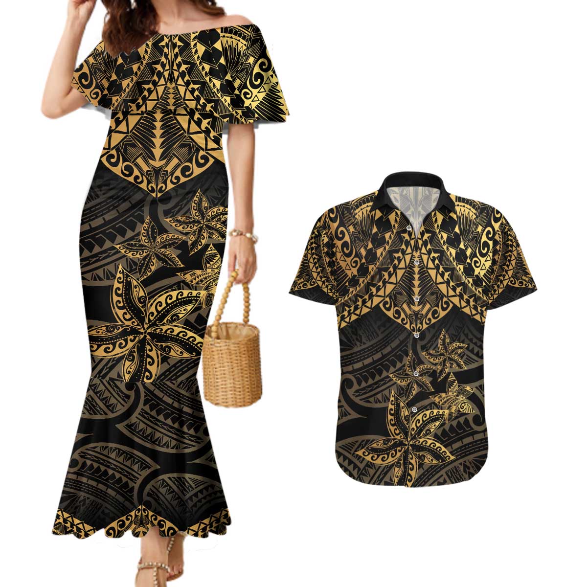 Black and Gold Polynesia Couples Matching Mermaid Dress and Hawaiian Shirt Plumeria Tattoo With Polynesian Pattern LT14 Black - Polynesian Pride