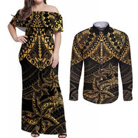 Black and Gold Polynesia Couples Matching Off Shoulder Maxi Dress and Long Sleeve Button Shirt Plumeria Tattoo With Polynesian Pattern