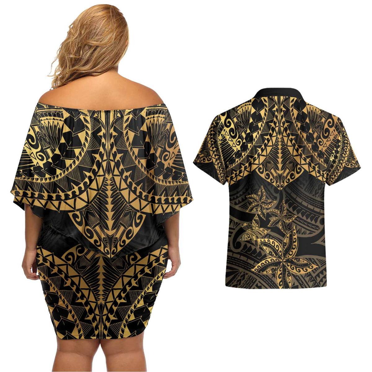 Black and Gold Polynesia Couples Matching Off Shoulder Short Dress and Hawaiian Shirt Plumeria Tattoo With Polynesian Pattern