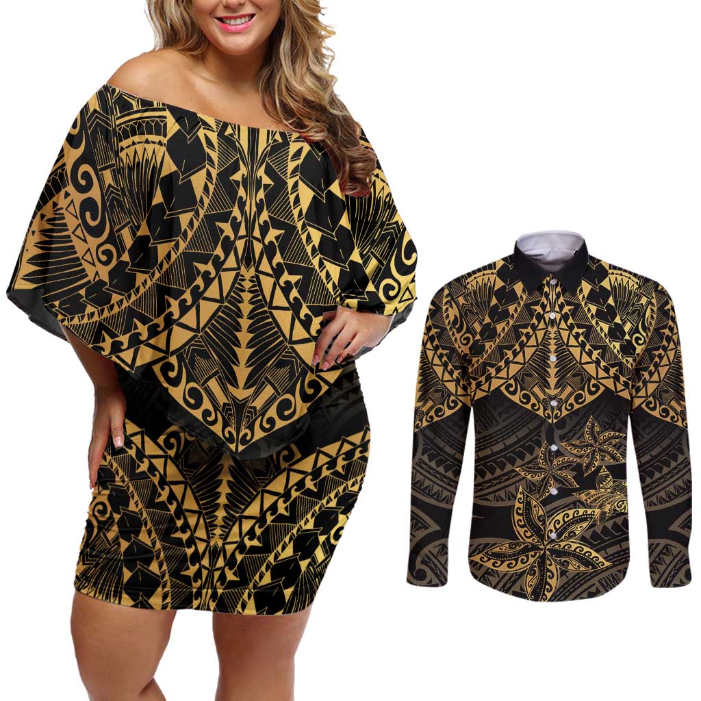 Black and Gold Polynesia Couples Matching Off Shoulder Short Dress and Long Sleeve Button Shirt Plumeria Tattoo With Polynesian Pattern