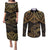 Black and Gold Polynesia Couples Matching Puletasi and Long Sleeve Button Shirt Plumeria Tattoo With Polynesian Pattern