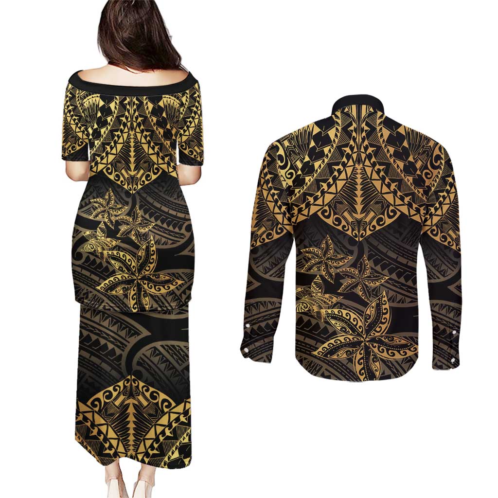 Black and Gold Polynesia Couples Matching Puletasi and Long Sleeve Button Shirt Plumeria Tattoo With Polynesian Pattern
