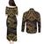 Black and Gold Polynesia Couples Matching Puletasi and Long Sleeve Button Shirt Plumeria Tattoo With Polynesian Pattern