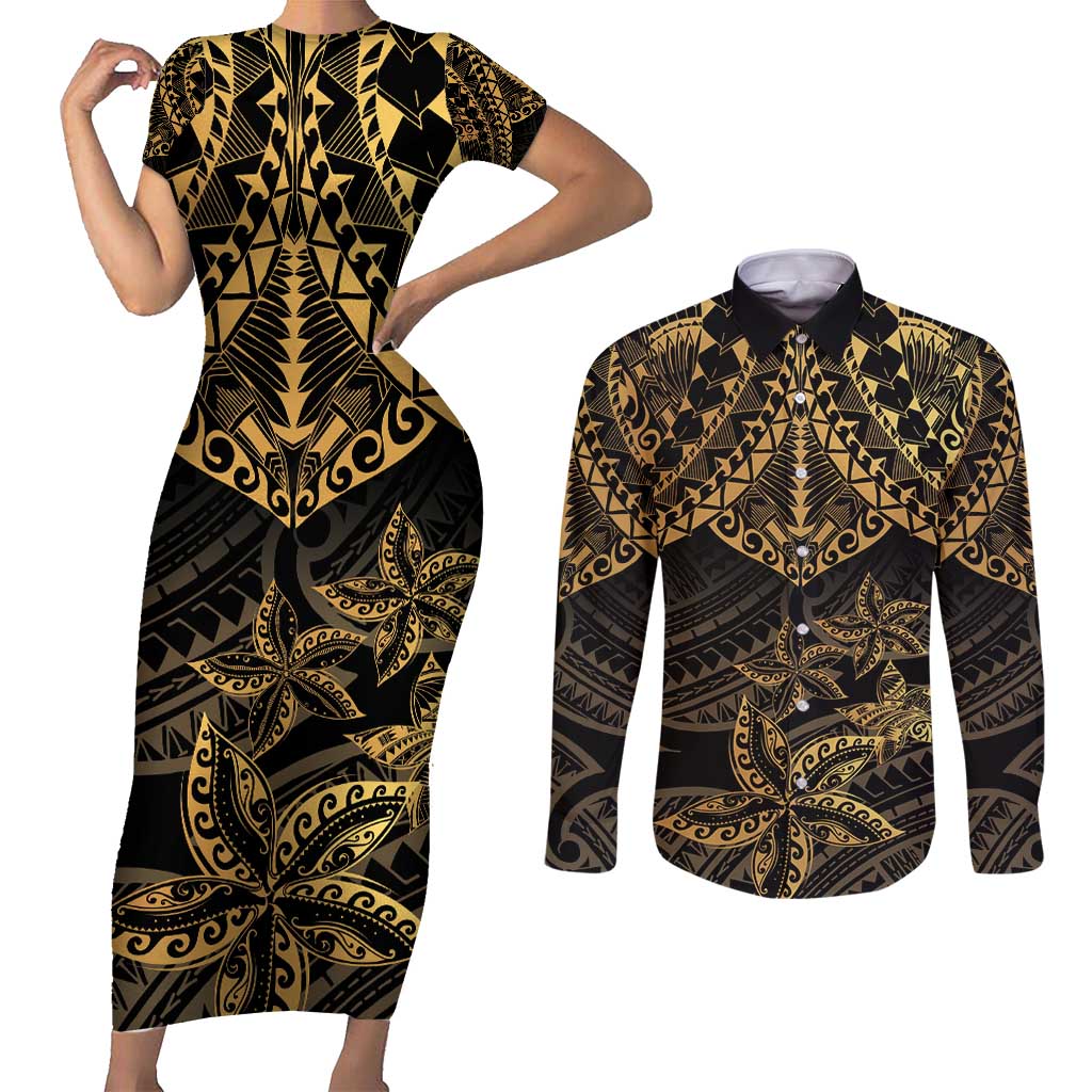 Black and Gold Polynesia Couples Matching Short Sleeve Bodycon Dress and Long Sleeve Button Shirt Plumeria Tattoo With Polynesian Pattern