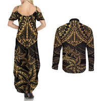 Black and Gold Polynesia Couples Matching Summer Maxi Dress and Long Sleeve Button Shirt Plumeria Tattoo With Polynesian Pattern