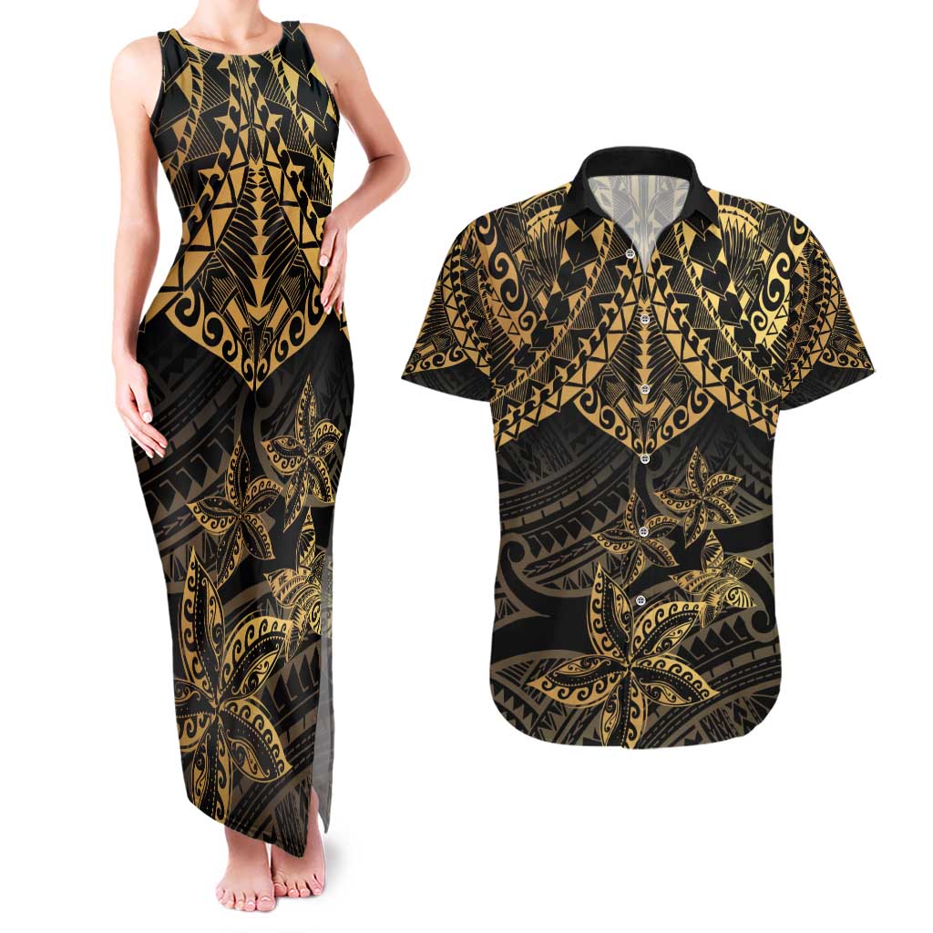 Black and Gold Polynesia Couples Matching Tank Maxi Dress and Hawaiian Shirt Plumeria Tattoo With Polynesian Pattern LT14 Black - Polynesian Pride